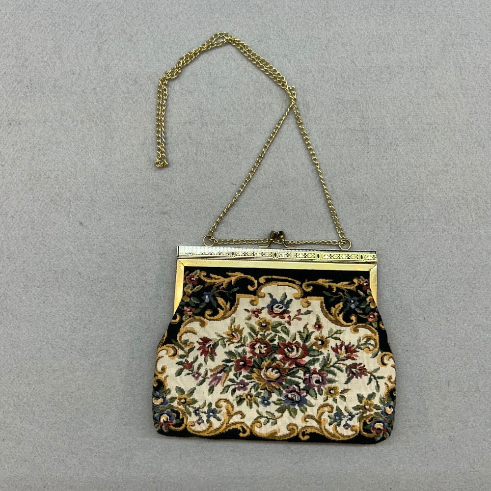 Vintage Floral Needlepoint Tapestry Evening Bag Gold Chain Kiss Lock Clutch